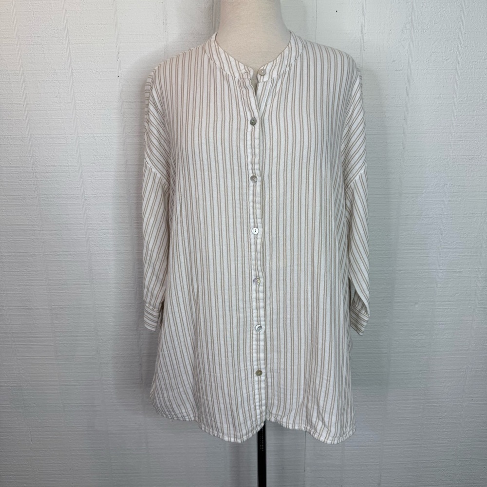 Eileen Fisher Button Front Top White Tan Stripe Size XL Mandarin Collar
